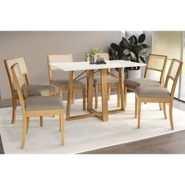 Imagem de Sala Jantar Mesa Elma Premium Madeira Maciça c/ Tampo Madeirado c/ Vidro 160x90cm e 6 Cadeiras Lola Carvalho/Off White - Boucle Bege Fendi-Kappesberg