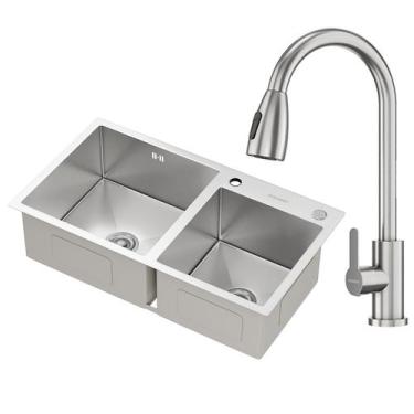 Imagem de Kit Cuba Dupla Gourmet Nápoles Aço Inox 304 e Torneira Gourmet Roma Aç
