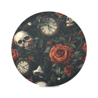 Imagem de STAYTOP Jogo americano redondo de caveira de rosas 6 peças, tapetes de mesa antiderrapantes fáceis de limpar para casa, cozinha, churrasco, festa, decoração de mesa