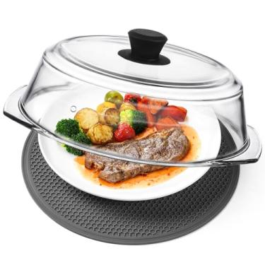 Imagem de 2 em 1, capa alta de vidro para micro-ondas para alimentos e microondas, tampa de proteção contra respingos de prato com puxador de silicone, capa de prato de servir utensílios de cozinha e assadeira