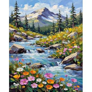 Imagem de AWLNKMC Tinta de flor de montanha Lake por números para adultos, kits de pintura DIY por números para adultos iniciantes sem moldura, kits de pintura em tela acrílica para decoração de casa 40 x 50 cm