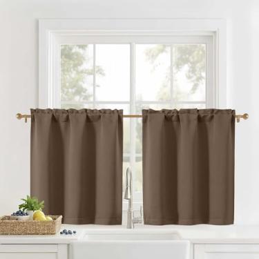 Imagem de OVZME Cortinas de cozinha marrons de 76 cm de comprimento - Cortinas de janela pequenas com filtragem de luz camadas para cozinha sobre pia, tratamentos de meia janela, cortinas curtas, 2 painéis, 76