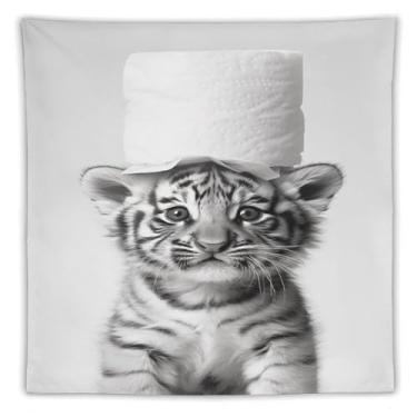 Imagem de Tapeçaria de chapéu de papel higiênico bebê tigre preto e branco impressão artística para quarto sala de estar dormitório decoração de casa com design de animal selvagem fofo Tapeçaria 152 x 152 cm