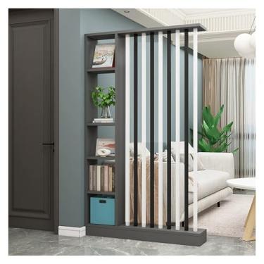 Imagem de Divisória de madeira independente moderna com prateleiras - tela divisória de 205 cm de altura, colunas de metal, rack de armazenamento elegante para casa e escritório (cinza, 119 cm de largura)