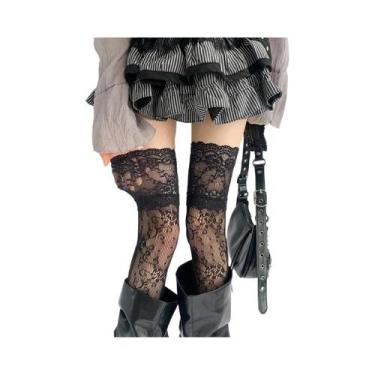 Imagem de Meias Femininas Sexy De Renda Floral Com Rede, Meias Longas Acima Do J