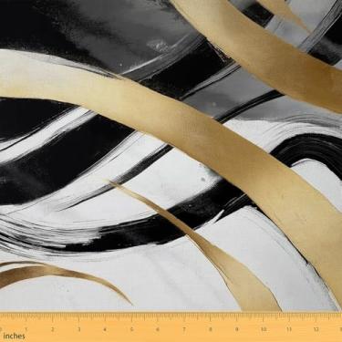 Imagem de jejeloiu Tecido dourado preto e branco da The Yard 3 jardas tecido de estofamento de linha abstrata para cadeiras moderno geométrico para projetos de bricolage em casa, à prova d'água, decoração