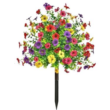 Imagem de Arbustos artificiais para uso ao ar livre | Arbustos artificiais falsos, plantas realistas resistentes a UV com flores violetas e estaca para decoração ao ar livre