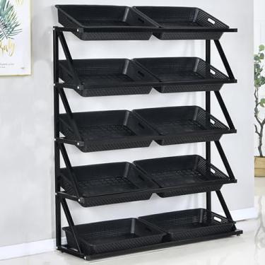 Imagem de Rack de exibição de varejo de 5 camadas, mercadoria preta para frutas, legumes e lanches - Carrinho de armazenamento de cesta 5/10 para organização de cozinha e supermercado
