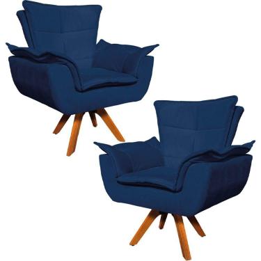 Imagem de Kit 2 Poltronas Decorativas Base Giratória Em Madeira Charger Suede Azul Marinho G19 - Gran Belo