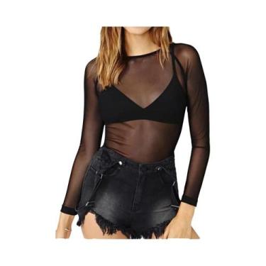 Imagem de Camiseta Feminina De Manga Longa Em Malha Preta, Transparente, Sexy, E