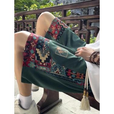 Imagem de Bermudas Casuais Masculinas Com Bordado Étnico Para Verão, Praia E Ati