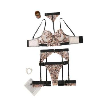 Imagem de Conjunto De Lingerie Feminina Bordado Com Estampa De Leopardo, 5 Peças