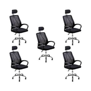 Imagem de Kit 5 Cadeiras Escritório Diretor Tela Mesh Encosto Preto - Oficial We