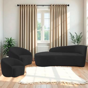 Imagem de Kit Divã Recamier Orgânico França 160cm Lado Esquerdo E 2 Poltronas Amore Bouclé Preto