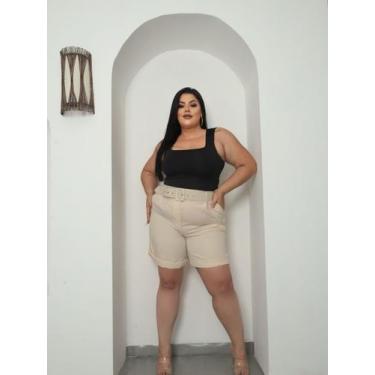Imagem de Shorts Curto Plus Size Feminino em Linhão com Cinto Cor:begeTamanho:Xl