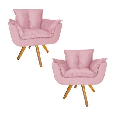 Imagem de Combo 2 Poltrona Decorativa Base Giratória De Madeira Salão Opala Suede Rosa Bebe - LM...