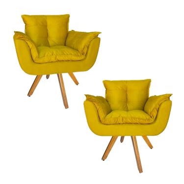 Imagem de Combo 2 Poltrona Decorativa Base Giratória De Madeira Salão Opala Suede Amarelo - LM DECOR