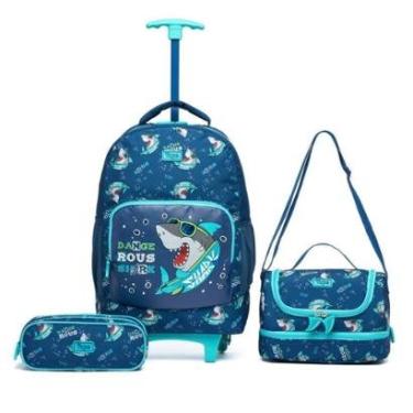 Imagem de Kit Mochila Rodinhas Tubarão Estojo Lancheira-Masculino