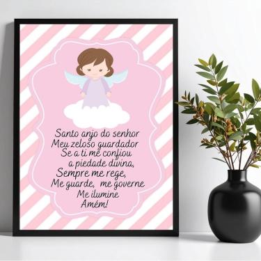 Imagem de Quadro Decorativo Infantil Santo Anjo - Listras Rosas 45x34cm - com vidro