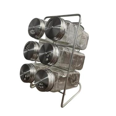 Imagem de Porta Temperos Condimento Inox 6 Potes de Vidro Suporte Fixo Bancada C