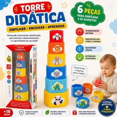Imagem de Torre Didática Empilhar 6 Peças Brinquedo Educativo Sensorial Montesso