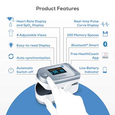 Imagem de Oxímetro de pulso digital Beurer Bluetooth, Saturação de Oxigênio no Sangue e Monitor de Taxa de Pulso com Acessórios, 1 Contagem