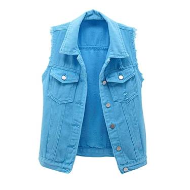Imagem de Colete Jeans Feminino Jaqueta Denim Rasgado sem Mangas com Botões Azul XGG