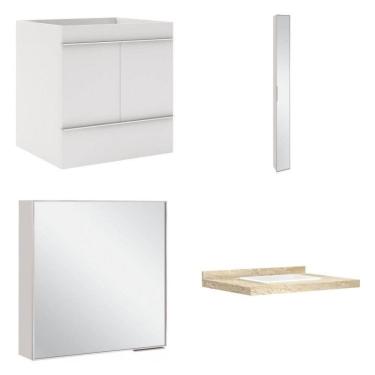 Imagem de Conjunto para Banheiro com Espelho, Gabinete, Lavatório em Porcelanato e Armário Vertical Bumi  Bumi Travertino