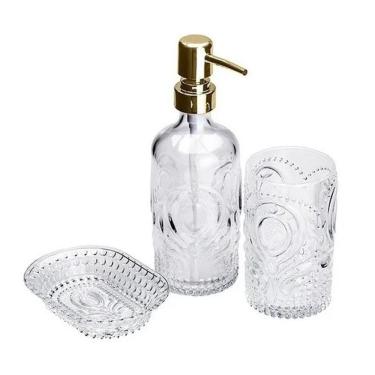 Imagem de Kit Higiene Banheiro 3 Peças De Vidro Com Porta Escova Sabonete Líquido E Saboneteira Lyor