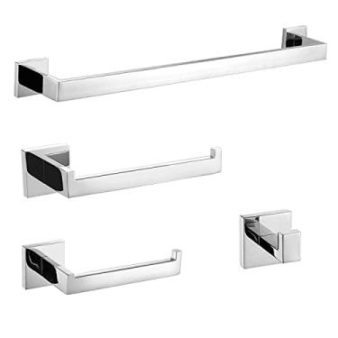 Imagem de Conjunto de suporte de toalha de acessórios de hardware de banheiro, inclui barra de suporte de toalha 60cm, anel de toalha, suporte de papel higiênico, gancho de roupão (prata polida)