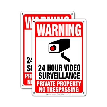 Imagem de SIGNOGRAFX Pacote com 2 placas de vigilância de vídeo 24 horas, propriedade privada sem passagem de sinais, 25 x 18 cm, câmera de segurança para casa, negócios, sinal privado, uso interno e externo alerta de entrada CCTV