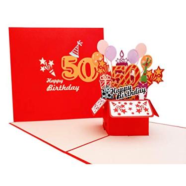 Imagem de iGifts And Cards Happy 50th Red Birthday Party Box 3D Pop Up Cartão – Cinquenta e Incrível, Balões, Único, Celebração, Feliz Cumpleaños, Divertido