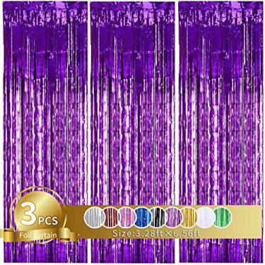 Imagem de TONIFUL 3 peças cortinas de franja de folha de tinsel metálico roxo, 1 x 2 m cortina de fundo de cabine de fotos roxa, adereços de cabine de fotos, suprimentos de despedida de solteira, aniversário, Natal, decoração de ano novo