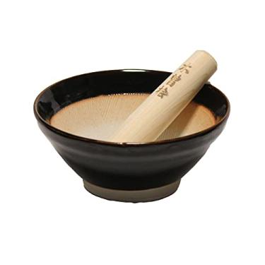 Imagem de Conjunto de Mortar e Pesto Ripple Ridge Made in Japan (Suribachi e Surikogi) Pequeno 15 cm, para destros e canhotos, preto, autêntico cerâmica Mino Ware