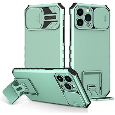 Imagem de HOUCY Capa para iPhone 14 Pro Max, capa fina à prova de choque com suporte e capa de câmera deslizante, capa protetora de telefone de TPU de camada dupla 6,7 polegadas (cor: verde2)