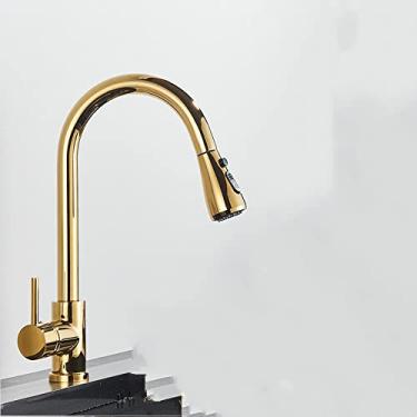 Imagem de Torneira quente fria extraível para pia de cozinha torneira de cozinha de fluxo montada no convés torneira misturadora de banheiro cozinha, ouro B, tamanho único