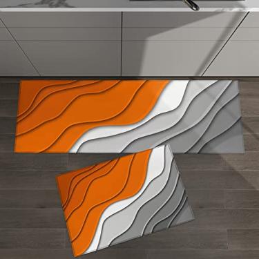 Imagem de Conjunto de 2 tapetes de cozinha abstrata arte moderna padrão geométrico ombré laranja cinza para tapetes acolchoados e tapetes antiderrapantes absorventes corredor confortável tapete de pé