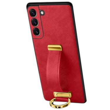 Imagem de LXURY Capa de couro para Samsung Galaxy S23 Ultra/S23 Plus/S23, capa extensível de pulso proteção de tela para câmera capa de telefone empresarial ultrafina, vermelha, S23 6,1 polegadas