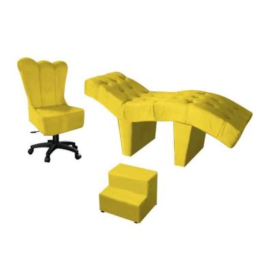 Imagem de Kit Maca Estética 60cm Com Cadeira Mocho Giratória E Escadinha Suede Amarelo - D House Decor