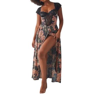 Imagem de Vestido maxi floral rodado casual manga cavada vestido de fenda alta vestido sem costas espartilho vestido de festa coquetel streetwear, Preto, P