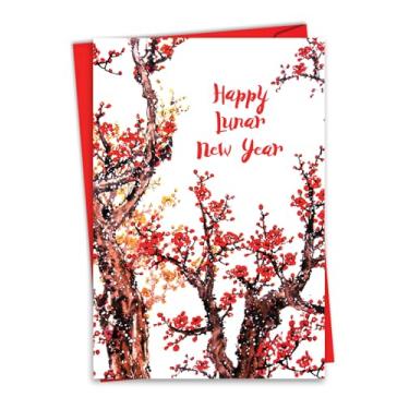 Imagem de NobleWorks Cartão de felicitações de Ano Novo Lunar com envelope de 12,7 x 17,8 cm (1 cartão) Cheers and Cherries C5072ALNG