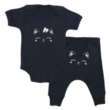 Imagem de Conjunto Body Manga Curta Bordado Gatinha e Calça Suedine Mijão Culote - Roupa Bebê Menina-Feminino