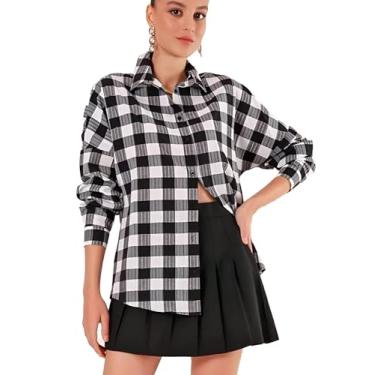 Imagem de BIG DART Camisetas femininas com botões grandes, blusas elegantes casuais de manga comprida para o verão, Xadrez preto, P