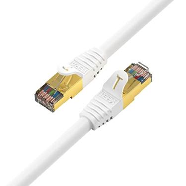 Imagem de Tera Grand – Cabo de patch Ethernet premium CAT7 blindado duplo 10 Gigabit 600 MHz para rede LAN de roteador de modem – Construído com conectores RJ45 banhados a ouro e blindados, White - Round, 50 FT