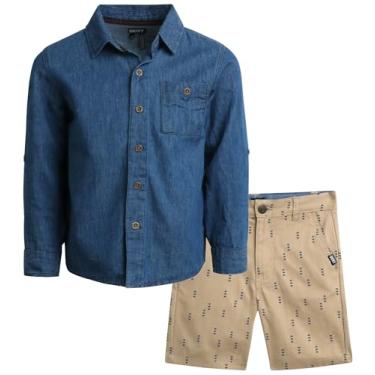 Imagem de DKNY Conjunto de shorts para meninos - 2 peças de manga enrolada, camisa e shorts de botão - Conjunto de roupa de verão para meninos (2-7), Estuque, 4 Anos