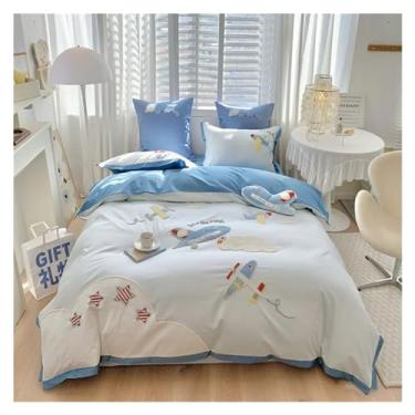 Imagem de Jogo de cama luxuoso de algodão com desenho animado de aeronaves, foguete, capa de edredom, lençol de cama solteiro queen tamanho 3/4 peças, lençóis de cama (B Twin Size 3 peças)