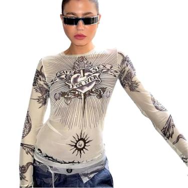 Imagem de Camiseta feminina sexy de malha transparente moderna com estampa de dinheiro e manga comprida cropped tops slim, Bege, G