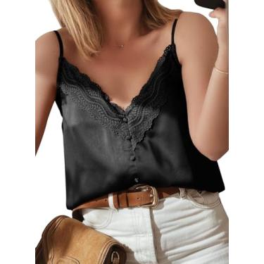 Imagem de miduo Camiseta regata feminina de cetim com gola V, acabamento em renda, abotoada, alças finas, sem mangas, Preto, XXG