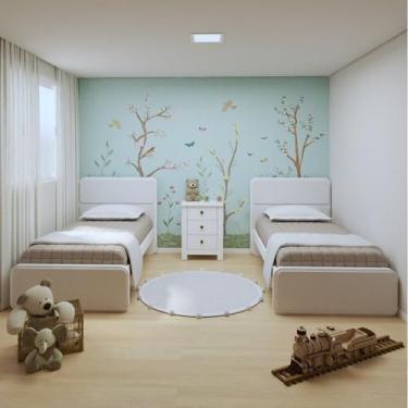 Imagem de Quarto Infantil com 2 Camas de Solteiro Loop e 1 Mesa de Cabeceira Maggiore Branco