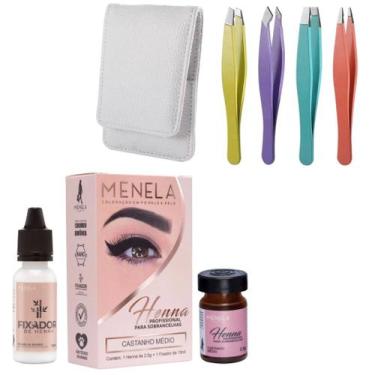 Imagem de Kit Henna Para Sobrancelhas Menela 2,5g COM 4 Pinças Profissional Fina